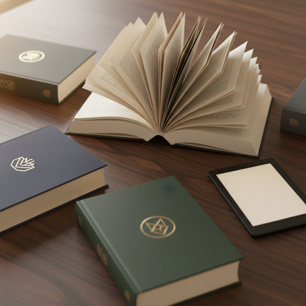 A photographic close-up of an open hardcover book with thick, slightly textured cream pages fanned out across a dark walnut table. Several other closed books with sophisticated, logo-like symbols and subtle patterns on their covers form a loose semicircle around it, suggesting a curated list of imprints and recent titles. A sleek e-reader lies to one side, its screen glowing faintly to imply digital reading options without showing text. Warm, diffused afternoon light from the side creates soft highlights on the paper edges and a cozy, studious mood. Shot from a slightly elevated angle with the open book in sharp focus and the surrounding titles gently blurred, conveying choice and discoverability on a professional publishing site.