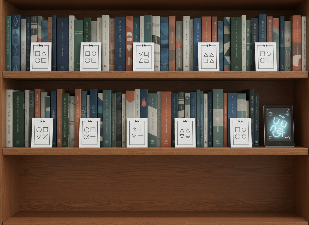 A photographic, library-inspired shelf display showcasing Nobody Publishing’s range: a long, eye-level wooden shelf filled with neatly aligned books, each with distinct, text-free cover art in a consistent, refined color palette. Interspersed between the books are small, framed, abstract quote markers—simple geometric shapes on white backgrounds—that hint at notable endorsements without using legible words. A single, sleek e-reader stands upright among the spines, glowing faintly to suggest digital editions. Soft, even overhead lighting illuminates the row, creating gentle shadows under each book and a calm, curated mood. Shot straight-on with sharp focus across the entire frame, emphasizing order, breadth of catalog, and the publisher’s polished aesthetic.